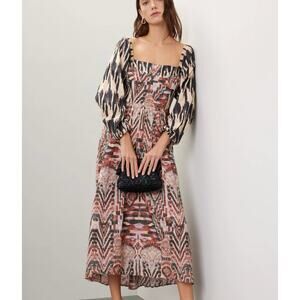 Maria Cher Batik Peasant Midi Dress MEDIUM Cottage Southwestern Western $475